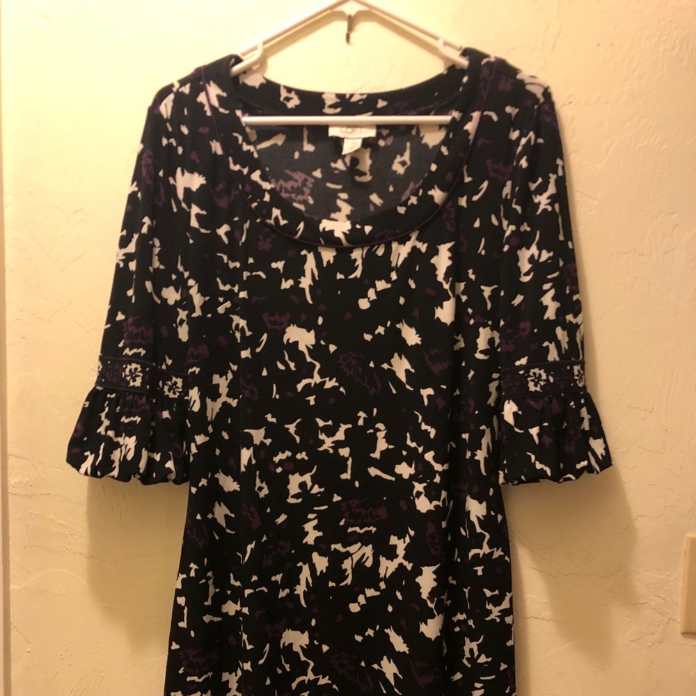 Loft Casual Border Dress, elbow puffy sleeves